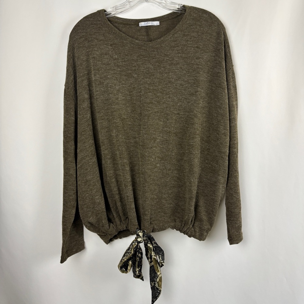 Zara Women Olive Green Long Sleeve Knit Sweater with Snakeskin Tie Detail - L